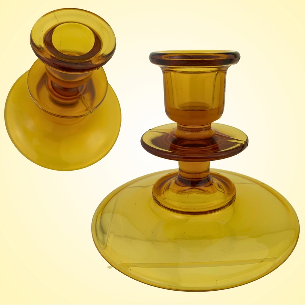 Indiana Glass Co Amber Glass Candlestick Taper Candles Holders Vintage Circa 70s
